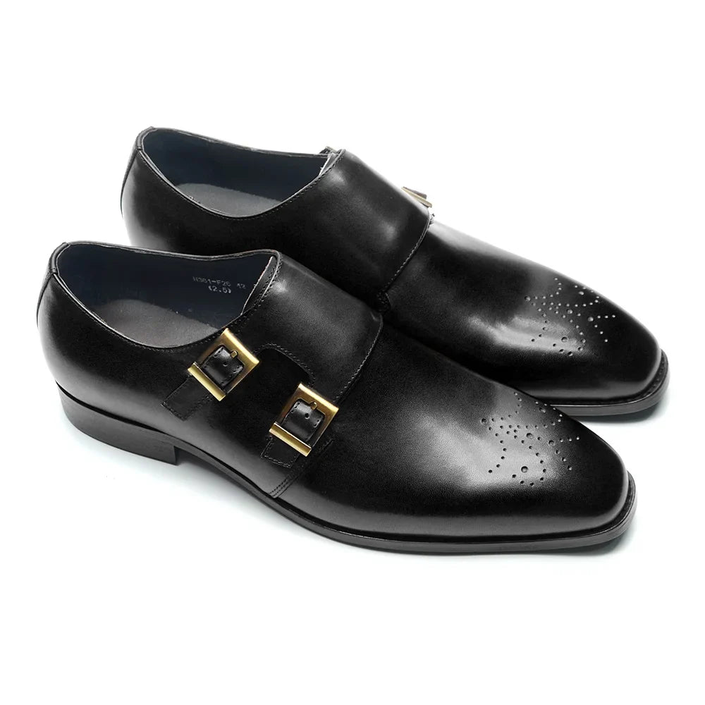Italian Style Luxury Genuine Leather Monk Strap Men's Formal Shoes Double Buckles Brogue Pointy Toe Business Office Dress Shoes