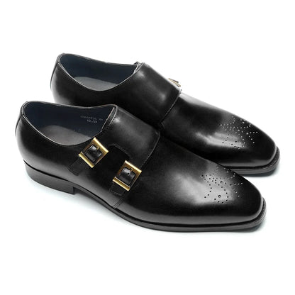 Italian Style Luxury Genuine Leather Monk Strap Men's Formal Shoes Double Buckles Brogue Pointy Toe Business Office Dress Shoes