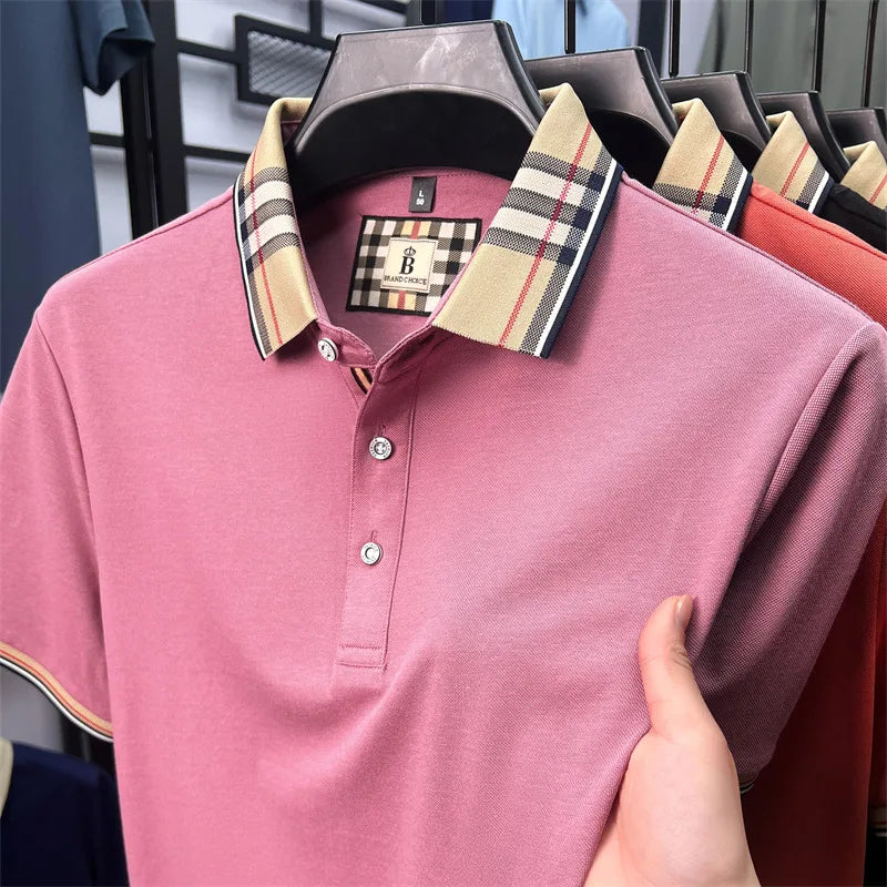 Fashion brand luxury short sleeve polo shirt men summer quality silky cotton breathable business casual striped collar T-shirt