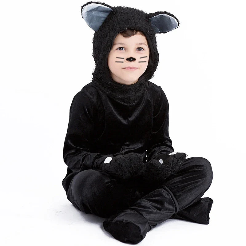 Black Cat Cosplay Children's Costume Cute Kitten Animal Onesie + Gloves + Hat Suit Suitable for Stage Show Halloween Party