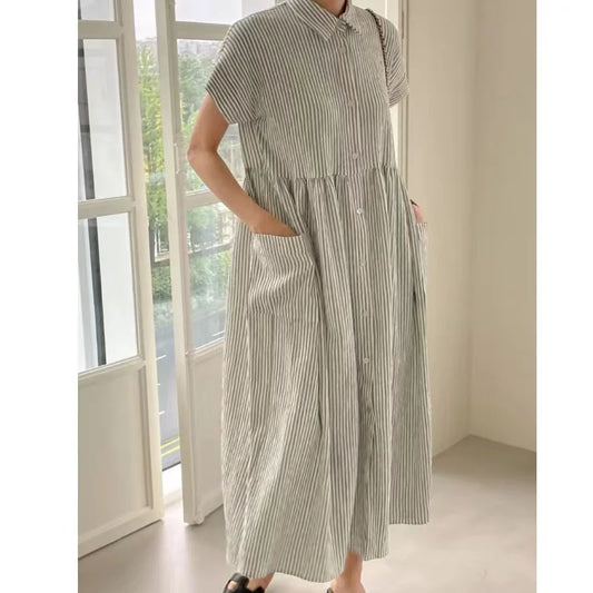 Summer Vintage Striped Single Breasted Women's Shirt Dresses 2024 New Korean Casual Straight Dress Pockets Female
