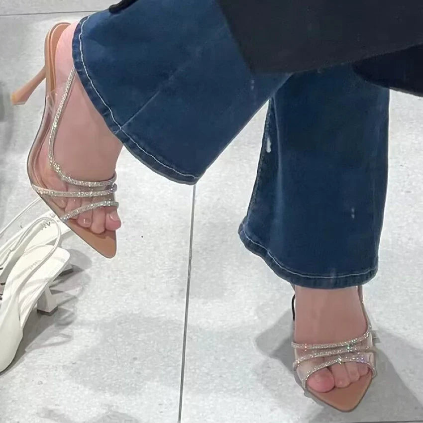 2025 Women Summer Rhinestone Slingback Pumps Office Lady Transparent Heeled Sandals Elegant Pointed Toe Female Sexy High Heels