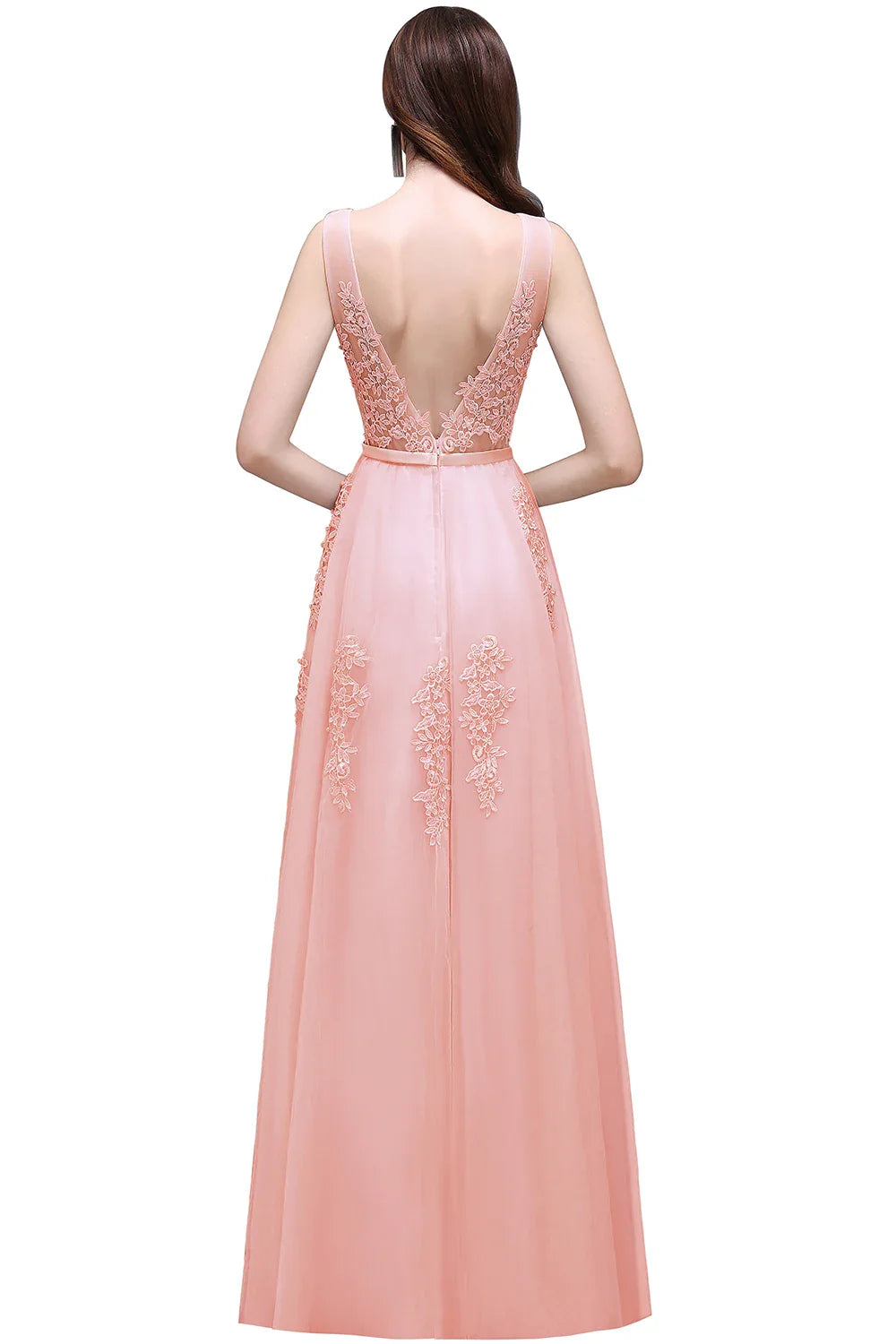 A-line V-neck Tulle Sleeveless Zipper Up Long Prom Applique V Neck Evening Gowns Formal Elegant And Pretty Women's Dresses