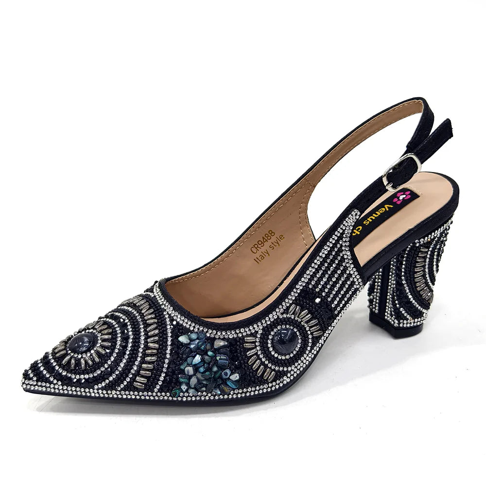 2025 Moda Mais Recente Chegada Laranja Ponta Fina Sandálias Femininas Sapatos com Bolsa Conjunto para Senhoras Festa de Casamento Salto