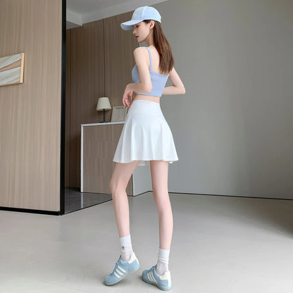Women Summer Fake Two Pieces Sports Skirt Anti-Chafing Anti-Slip Tennis Badminton Yoga Skirt Pleated White Mini Skirt  Running