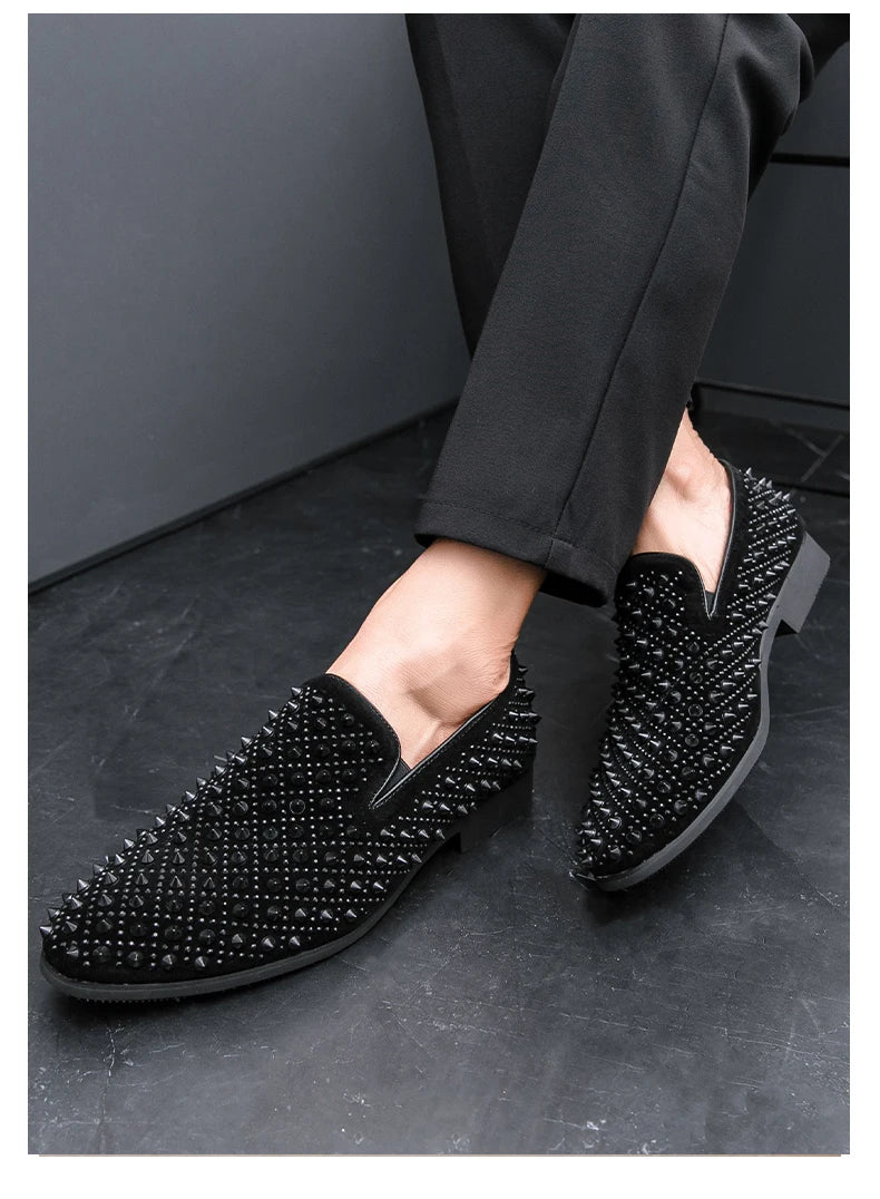 Hairdresser personality trend rivet hot diamond Loafers men's British vintage rhinestone shoe hipster leather shoes