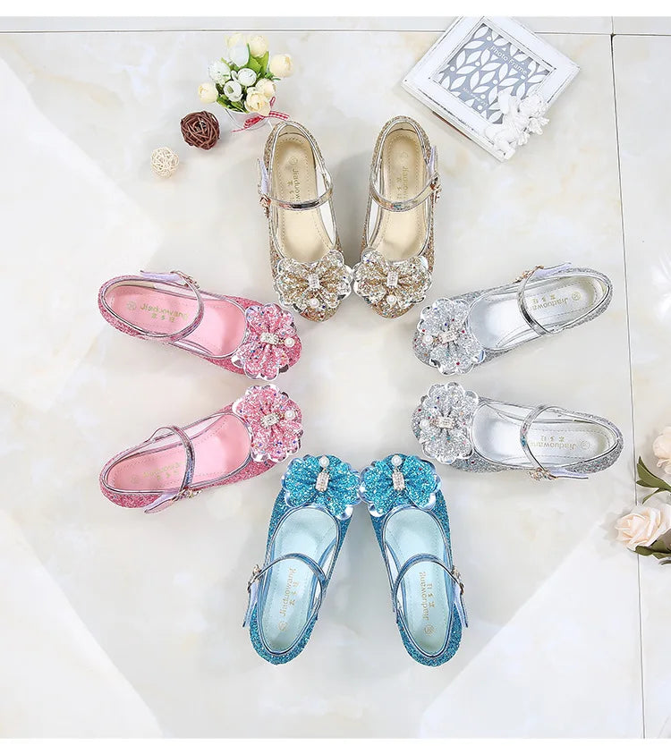 2026 Spring New Children's Shoes  Princess Shoes Girl's Fashion Sandals Crystal Princess Shoes Blue Pink Silver