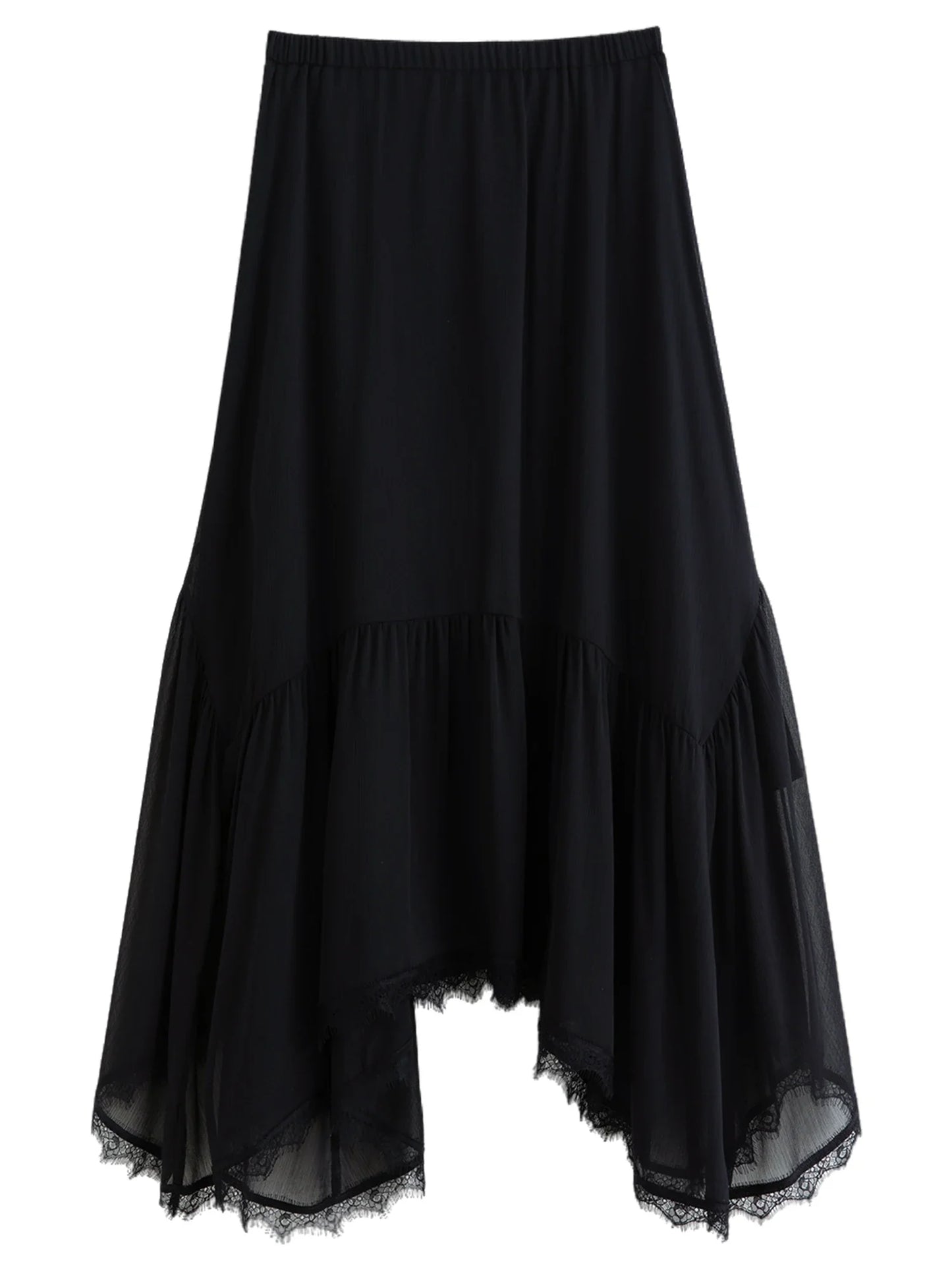 Romantic French Lace Patchwork Midi Skirt 2026 Summer New Arrival Elegant High-waisted Black A-line Skirt Women Elegant