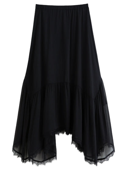Romantic French Lace Patchwork Midi Skirt 2026 Summer New Arrival Elegant High-waisted Black A-line Skirt Women Elegant