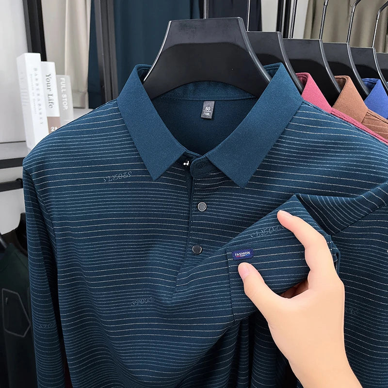2025 long sleeved men's spring and autumn collar striped pullover top with loose pockets polo shirt