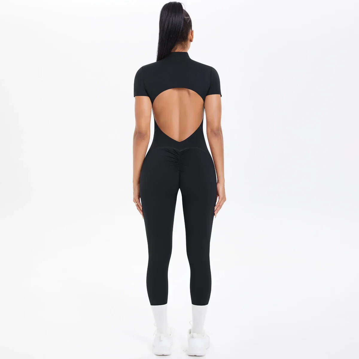Short Sleeved Fitness Jumpsuit for Woman Bodysuits Backless Solid Color Scrunch One-Piece Suit Half Zipper Gym Yoga Sets Womens