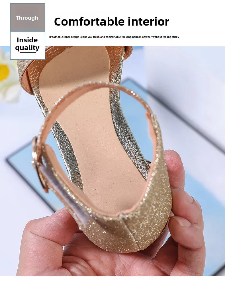 2025 Summer New Children's Sandals Fashion Girls' High Heels Silver Sequins Open Toed Girls' Princess Sandals