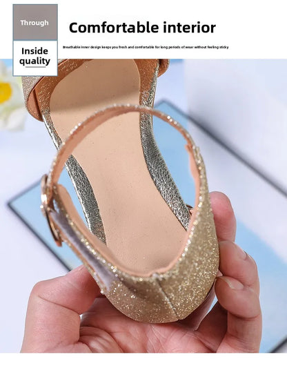 2025 Summer New Children's Sandals Fashion Girls' High Heels Silver Sequins Open Toed Girls' Princess Sandals