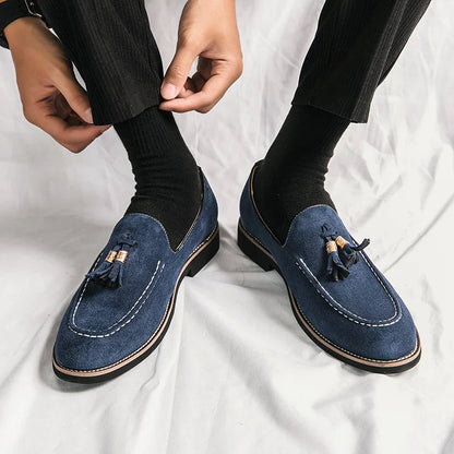 New Fashion Tassel Leather Men Shoes Slip On Loafers Round Toe Patchwork Suede Dress Shoes Man Daily Wedding Party Shoes for Man