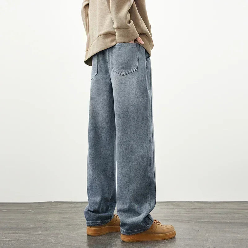 Men's Retro Jeans Elastic Waist Fashion Loose Straight Casual Wide Pants Cotton Casual Korean Baggy Wide Leg Denim Trousers