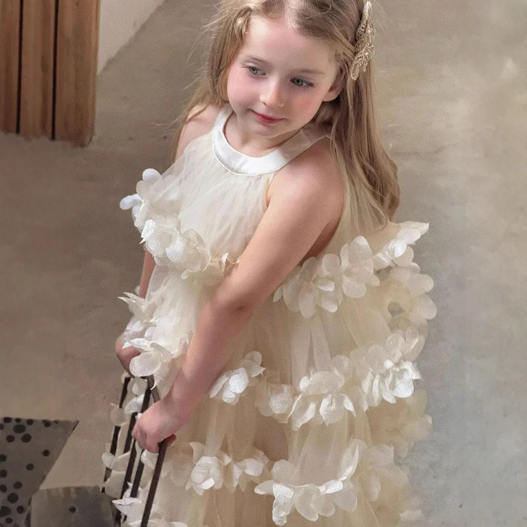 2025 Spring Summer New Children Clothing Girls Neck Hanging Flower Layered Long Dress Korean Children Birthday Princess Dress