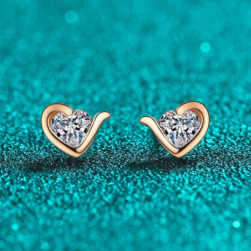 Moissanite Heart Stud Earrings for Women 925 Sterling Silver with White Champagne Gold Plated Wedding Earring Certified