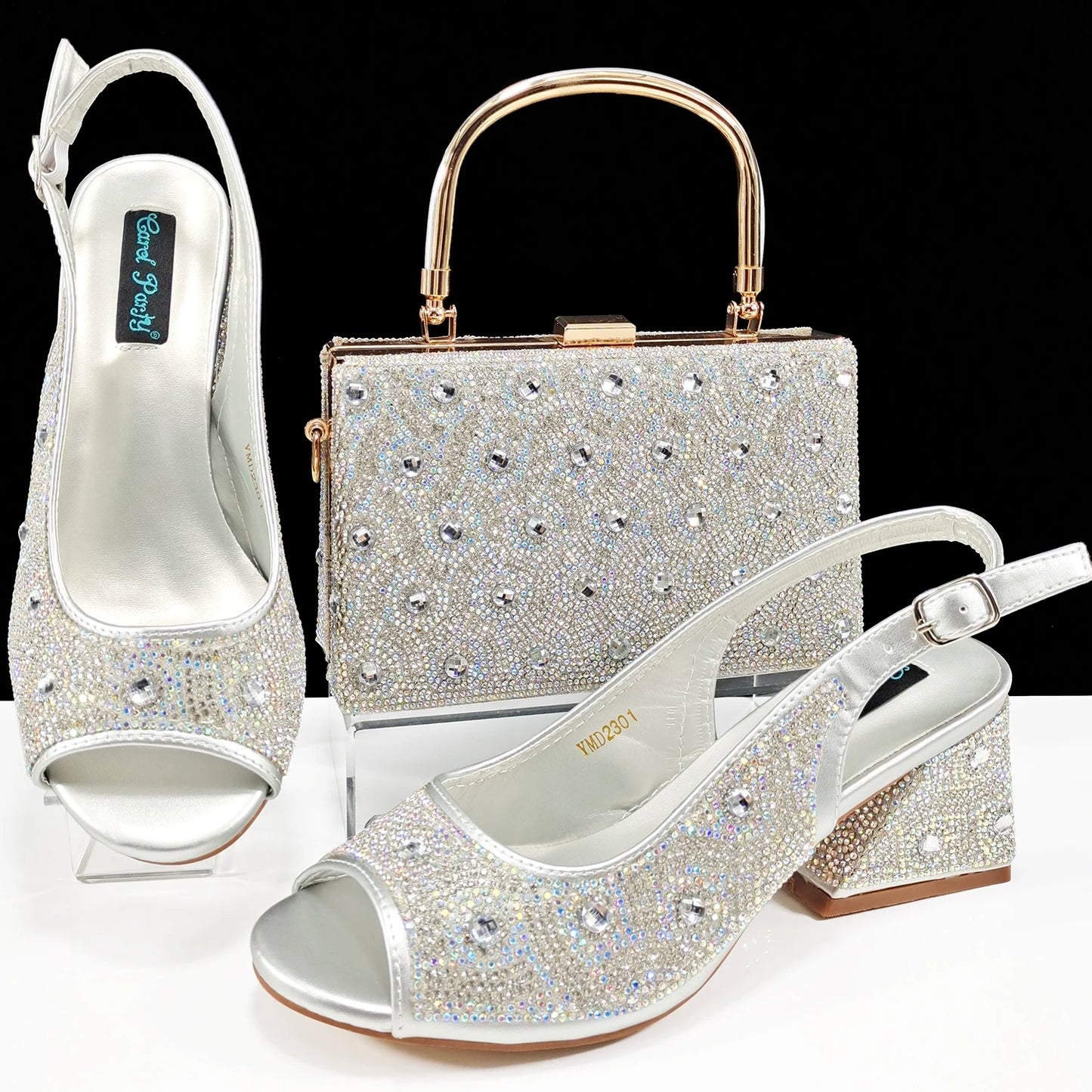 Q Rhinestone Design INS Hot Sale New Arrivals African Shoes and Bag Set in Green Color Open Toe Comfortable Women Heels