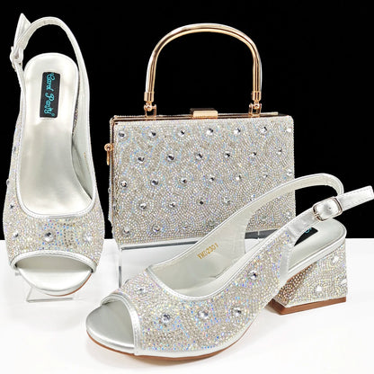 Q Rhinestone Design INS Hot Sale New Arrivals African Shoes and Bag Set in Green Color Open Toe Comfortable Women Heels