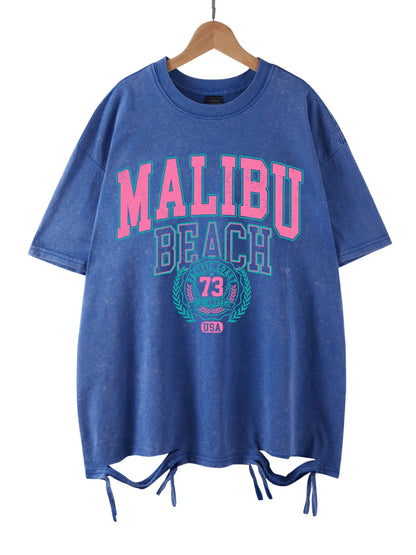 Beach Washed T-Shirt Women Letter Printing Cotton T Shirt Comfortable Crewneck Tops Casual Oversized Tees Female Clothes
