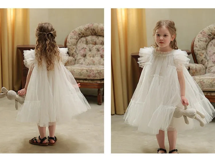 Girls Handmade Splicing Fluffy Gauze Princess Dress Summer New Foreign Dresses Party Dress for Kids Girl