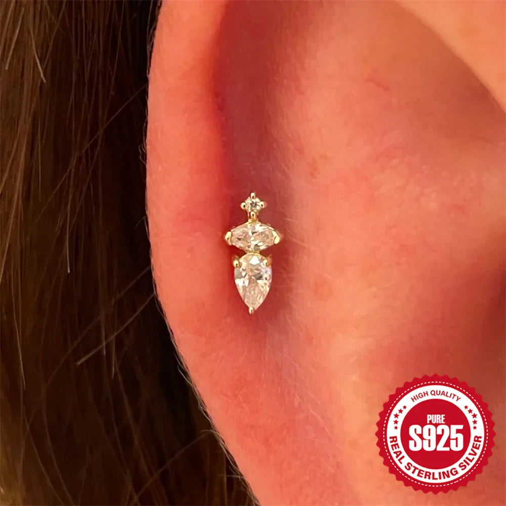 1PC 925 Sterling Silver Crown Horse Eye Zircon Heart Flat Head Cartilage Piercing Stud Earring For Women Claasic Earring