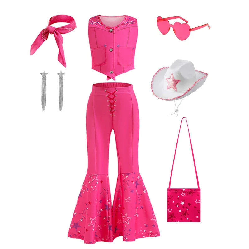 Movie Barbier Halloween Girls Cosplay Costume Peach Princess Dress Vintage Rose Top+Pants+Scarf Street Punk Set Party Clothes