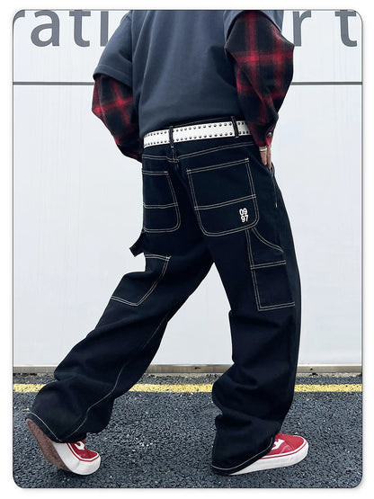 Retro Black Fashion Work Jeans Men Casual Straight-Leg Classic Work Denim Trousers Korean Brand Pant Men's Summer Pants