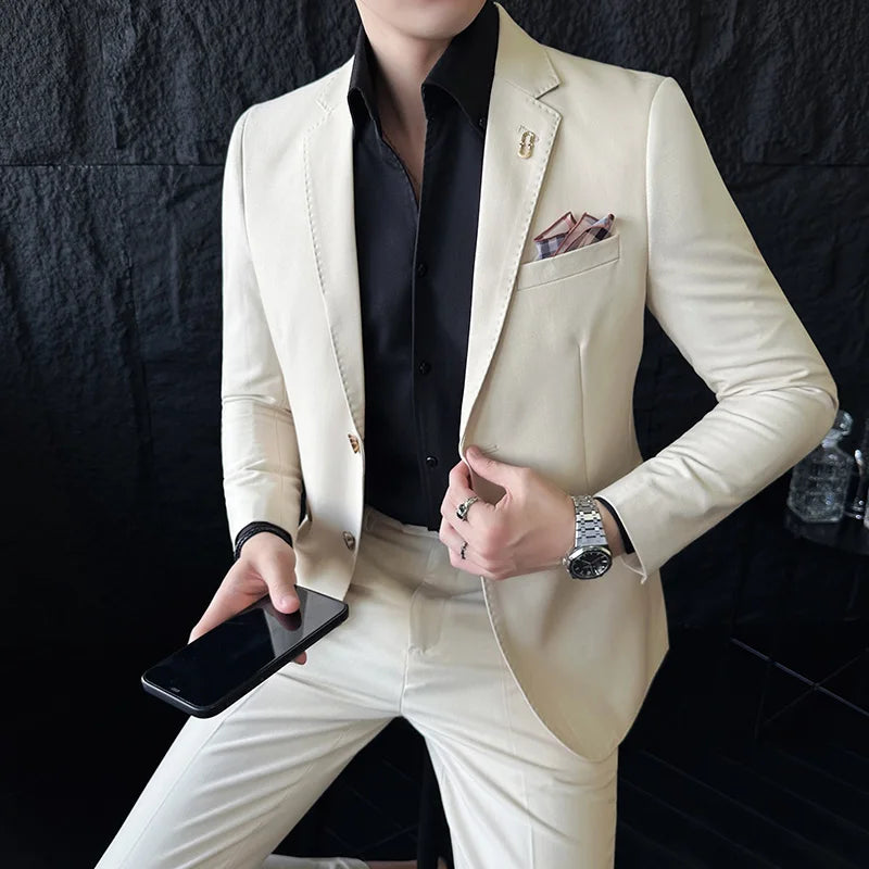Men's Korean Style Slim Fit Suit Set, High Quality Fabric Solid Color Edge Pressing for Wedding Business
