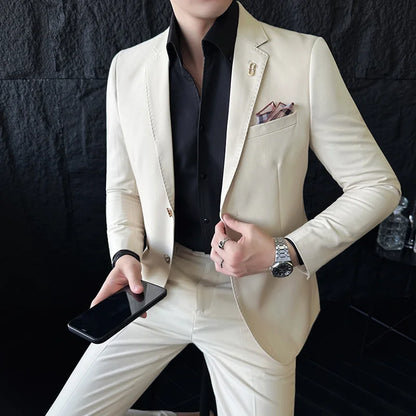 Men's Korean Style Slim Fit Suit Set, High Quality Fabric Solid Color Edge Pressing for Wedding Business