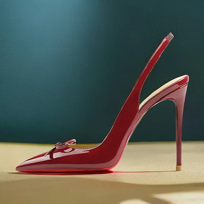 New black nude wine red patent leather pointed small bow back empty style plus size socialite high-heeled sandals
