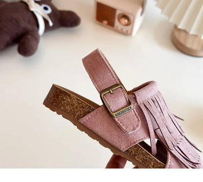 Summer Peep Toe Tassel Children Shoes Girls Sandals Soft Bottom Flat Heel Buckle Girl's Shoes Back Strape Slingbacks Shoe I05285