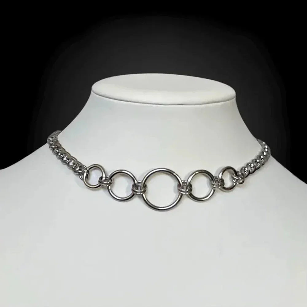 Goth Stainless Steel Curb Chain Circle Choker Necklace for Women Grunge Alternative Collar Adjustable Length