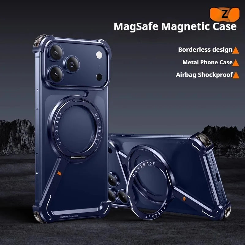 Metal Magnetic Phone Case for iPhone 17 Pro Max/17 Pro/17 Air Magsafe 360°Rotate Stand Frameless Shockproof Protector Cover