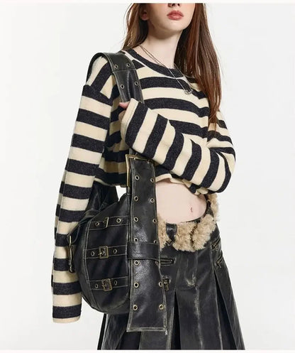 American Retro Punk Pu Leather Handbag Metal Button Shoulder Bags Tote Woman Bag Large Capacity Commuting Storage Bag Purse