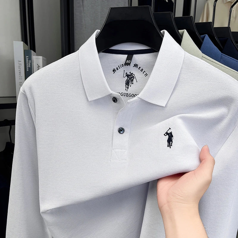 2025 New Cotton Long Sleeved T-shirt for Men, High End Embroidered Little Horse Logo Fashion Autumn/Winter Polo Top