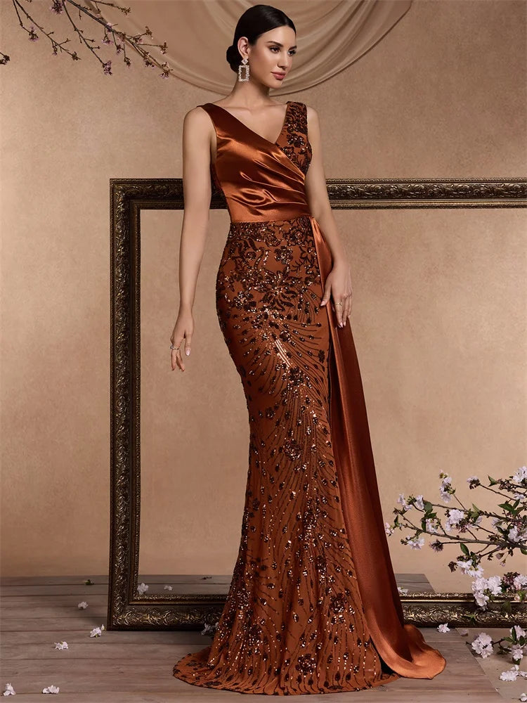 Elegant V-neck Splice Ribbons Sequins Evening Dresses Woman Sleeveless Mermaid Formal Luxury Wedding Party Prom