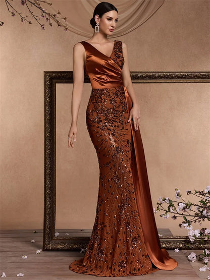 Elegant V-neck Splice Ribbons Sequins Evening Dresses Woman Sleeveless Mermaid Formal Luxury Wedding Party Prom