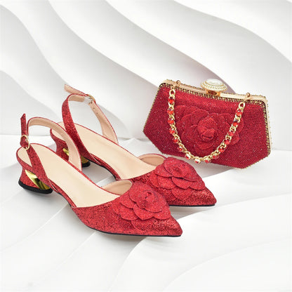 Nigerian Women Shoes and Bag Set Decorated with Rhinestone in Italy African Party Italian Shoe and Bag Luxury Pumps for Wedding