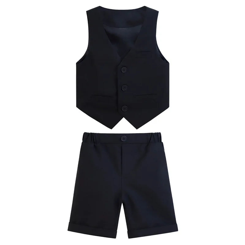 Children Boy Summer Cool Green Suit Kids Boys Vest Shirt Shorts Bowtie Ceremony Costume Formal Boys Breathable Slim Wedding Suit