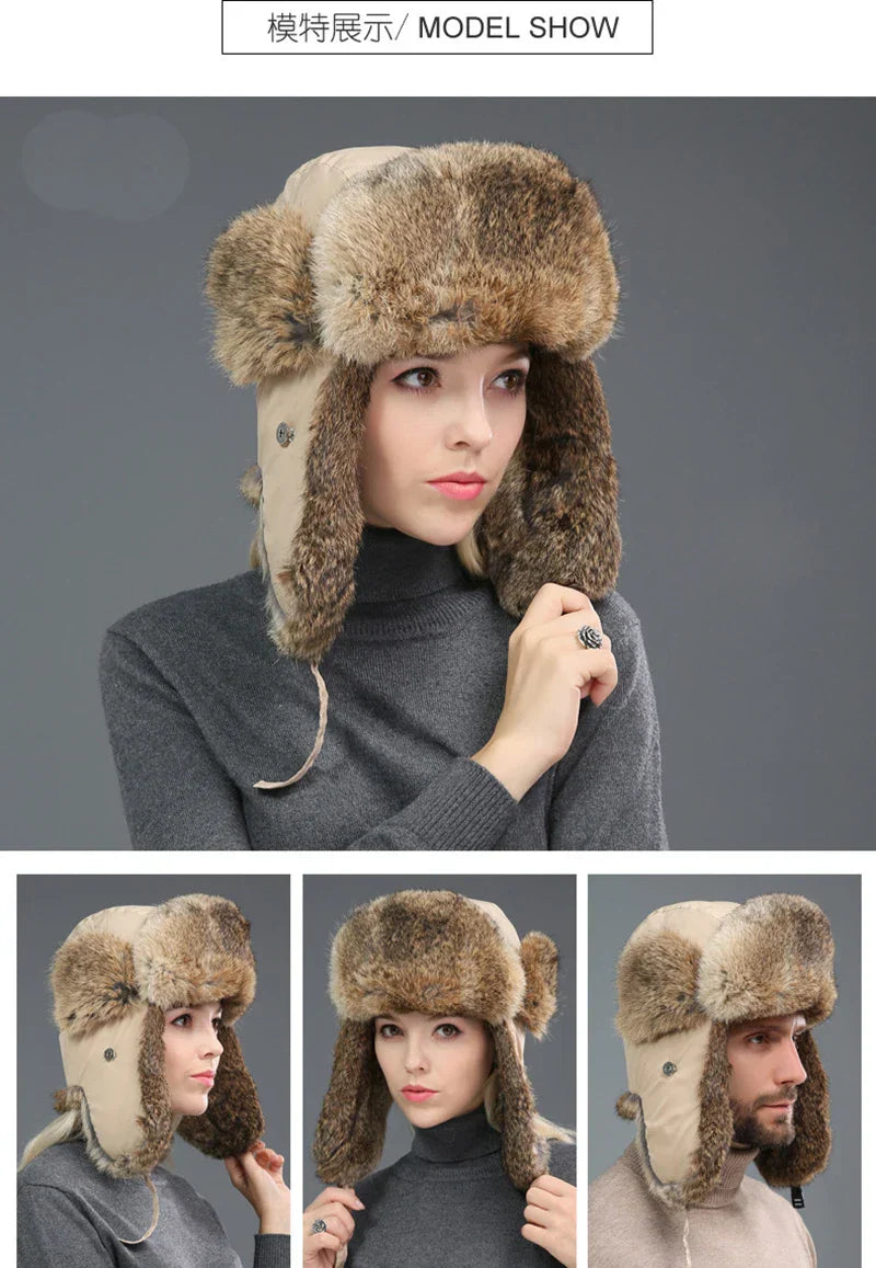 Russia Winter Real fur Hat Unisex Outdoor Windproof Super Warm Real Rabbit Fur Bomber Hats Natural Soft Natural Rabbit Fur Caps