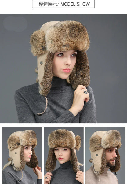 Russia Winter Real fur Hat Unisex Outdoor Windproof Super Warm Real Rabbit Fur Bomber Hats Natural Soft Natural Rabbit Fur Caps
