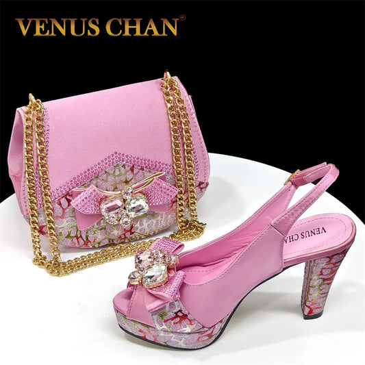 Nigerian Women Heel Party Shoes and Bag Set Royal Blue Colour Rhinestone Handbag Italian Design Wedding INS 2024