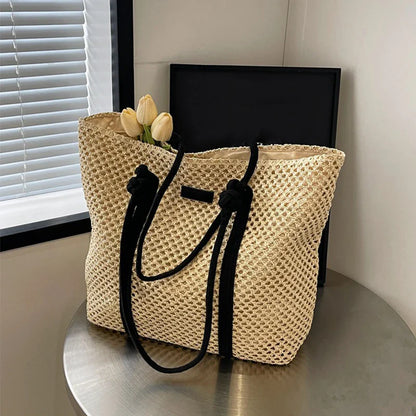 Bolsa Sacola de Palha Tecida de Verão Bolsa de Ombro Feminina Casual de Praia para Férias Bolsas Femininas de Grande Capacidade Cor Sólida