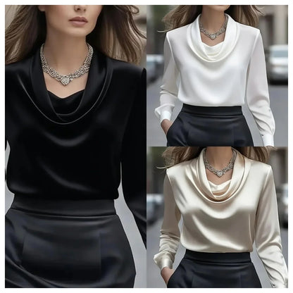 Women Slim  Neck Long Sleeve Shirt Elegant Office Work Blouse Comfy Silk Satin Top