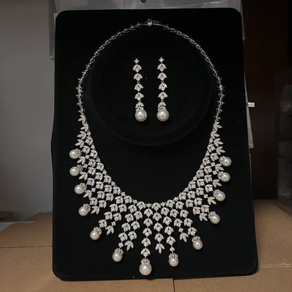 3A Cubic Zirconia Silver Color Tassel Necklace Luxury Pearl Jewelry Sets Bridal Dubai Wedding PROM Accessories