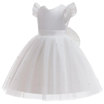 Girls White Wedding Pearls Elegant Pageant Princess Dress For Girls Backless Big Bow Wedding Bridesmaid Birthday Party Ball Gown