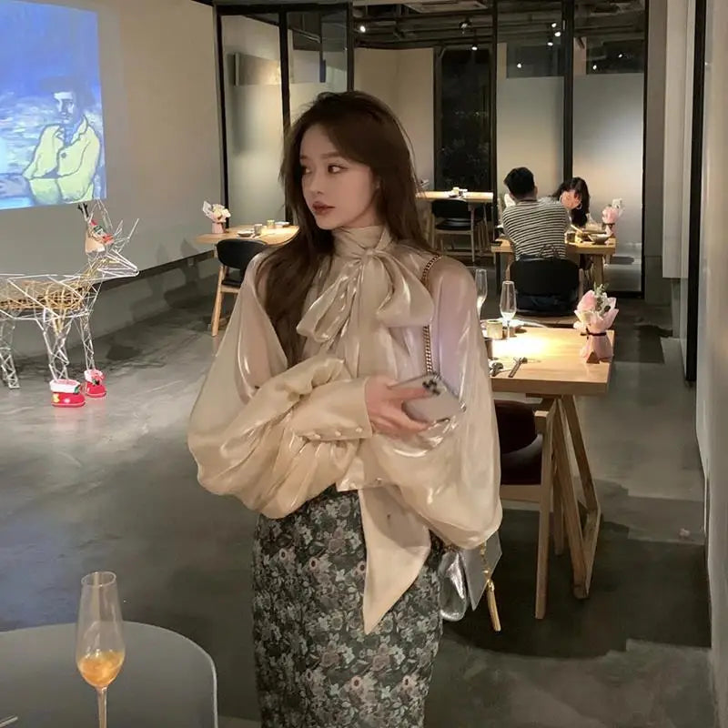 Spring Autumn Women Fashion Tops New Shirts Lantern Sleeve Stand Collar Solid Casual Vintage Elegant Temperament Long-Sleeved
