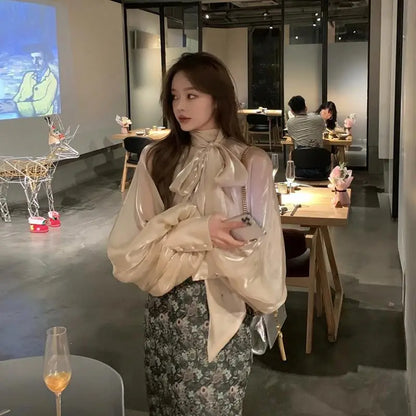 Spring Autumn Women Fashion Tops New Shirts Lantern Sleeve Stand Collar Solid Casual Vintage Elegant Temperament Long-Sleeved
