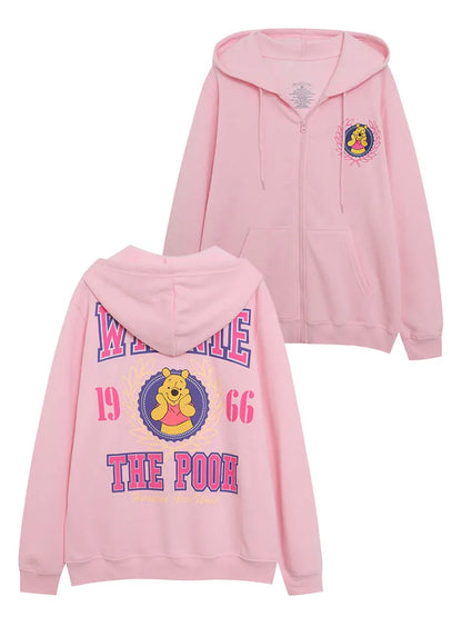 Cute Marie Cat Fleece Hooded Sweatshirt Winnie the Pooh Embroidery Zip Up Hoodies Jacket Women Casual Cartoon Jumper Top